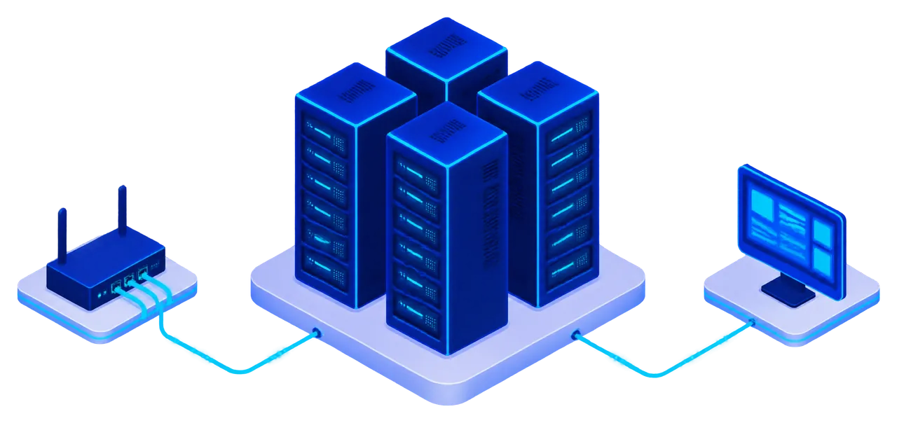 Isometric illustration of server racks connected by network links