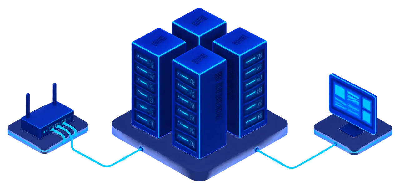 Isometric illustration of server racks connected by network links